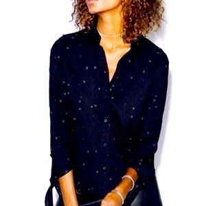 NWT RAILS Robyn Black Linen Embroidered Silver Stars Tie-cuff Shirt XS MSRP $168